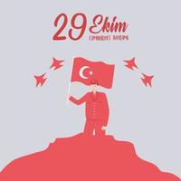 29 ekim cumhuriyet bayrami kutlu olsun, día de la república de turquía, soldado de diseño rojo con bandera y tarjeta de aviones vector