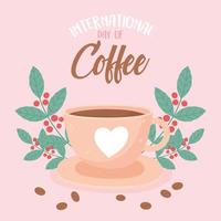 día internacional del café bebida deliciosa semillas frescas hojas vector