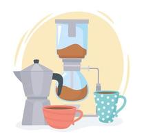 coffee brewing methods, pour over moka pot and coffee cups vector