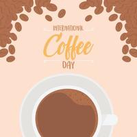 international day of coffee, top view cup seeds product card vector