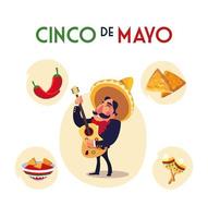 mariachi mexicano con iconos del cinco de mayo vector