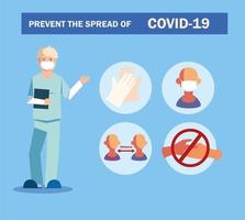 médico explica infografías cómo prevenir la propagación del covid 19 vector