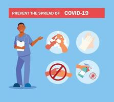 médico explica infografías cómo prevenir la propagación del covid 19 vector