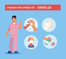 médico explica infografías cómo prevenir la propagación del covid 19 vector