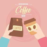 día internacional del café, manos con paquete y vaso desechable. vector