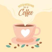 día internacional del café, taza con corazón, semillas y hojas. vector