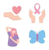 Concienciación sobre el cáncer de mama mujer mariposa corazón y riboon iconos diseño vectorial vector