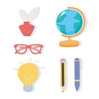 día internacional de la alfabetización, mapa escolar, gafas de tinta, bolígrafos, lápices, iconos vector