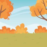 landscape in autumn nature scene, meadow trees and bushes foliage vector