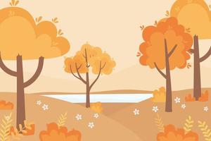 landscape in autumn nature scene, forest trees flowers grass outdoor vector