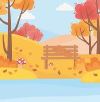 landscape in autumn nature scene, bench park lake mushrooms trees leaves in grass vector