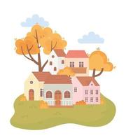 landscape in autumn nature scene, houses cartoon trees leaves bushes cartoon vector