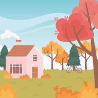 landscape in autumn nature, house with chimney bicycle trees leaves scenery vector