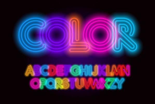 Colored neon font, colorful outlines letter and numbers set with neon colored glow on black background. Fluorescent shine Typeset for entertaiment, cinema, kids birthday, nighlife. Vector typography