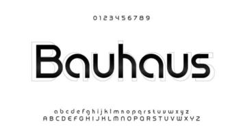 impresionante alfabeto bauhaus. Fuente futurista moderna, letras de estilo techno. tipo de letras minúsculas, mayúsculas y números para logotipo, título, monograma, letras y tipografía. diseño tipográfico vectorial vector