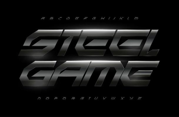 Dark gray steel alphabet, bold italic font, geometric letters with matte metal texture for futuristic logo, game headline, sport lettering and dynamic typography. Vector typographic design