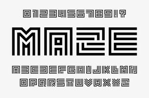 Conjunto de letras y números de laberinto lineal. Alfabeto de estilo de laberinto de línea. fuente geométrica contout, tipo de logotipo lineart y concepto de monograma. diseño de tipografía de vector de contorno