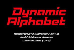 Red sport dynamic font with numbers and punctuation, uppercase and lowercase letters. Italic geometric alphabet, wide font with cutouts and special serifs. Modern vector typography on black background