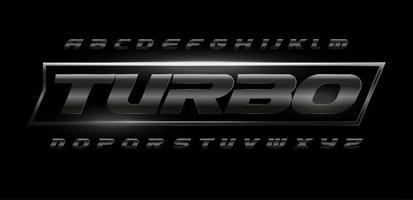 Turbo speed font with dark matte metal texture. Drive dynamic steel letters set, bold italic alphabet. Chrome typeset for automotive industrial, gym, sport. Vector typography