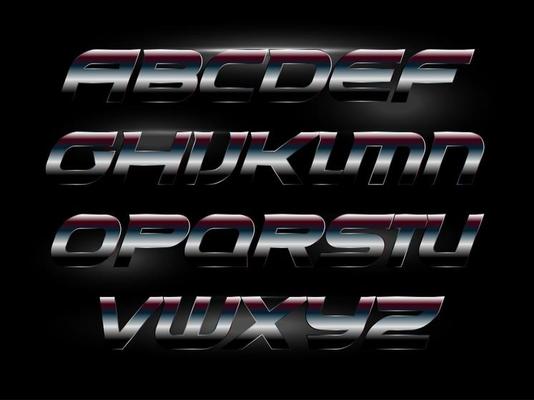 Modern italic bold font with metallic texture, carbon or chrome metal, polished matte steel. Alphabet for race, sport, auto, futuristic design. Vector typography.