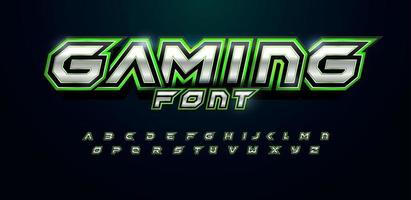 Green alphabet futuristic font for video game logo and headline. Bold letters with sharp angles and green outline. Tilted sharp font on black background. Vector typography design with metal texture.