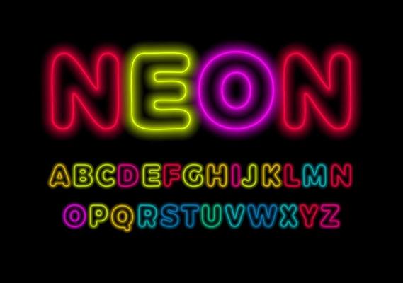 Colored neon font, colorful outlines letter and numbers set with neon colored glow on black background. Fluorescent shine Typeset for entertaiment, cinema, kids birthday, nighlife. Vector typography