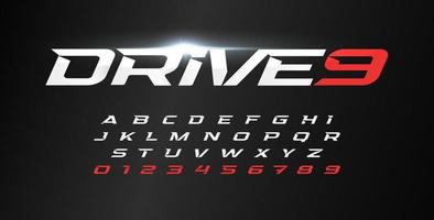 conjunto de letras y números dinámicos. drive alfabeto, fuente dinámica, tipo de viento para logotipo deportivo moderno, título de movimiento y letras de acción. diseño tipográfico vectorial. vector