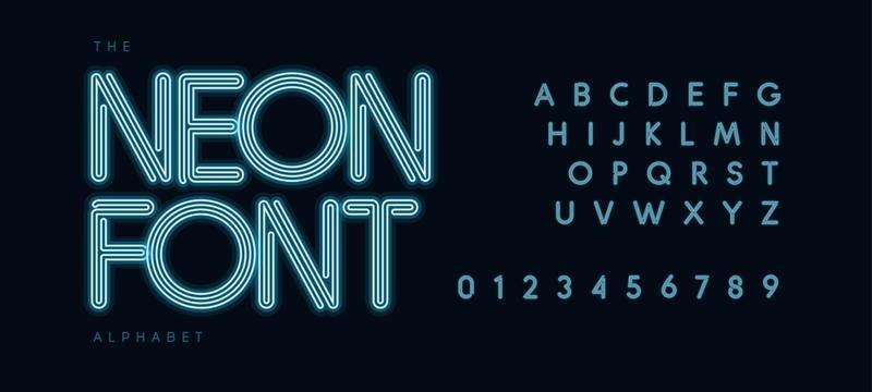 Blue neon tube alphabet. Led contour font, electric light type for modern futuristic logo, headline, monogram, lettering and typography. Fluorescent style letters, vector typographic design