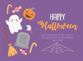 happy halloween cute ghost creepy eye tombstone pumpkin candies vector