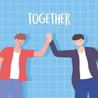 people together, happy young men holding hands, male cartoon characters vector