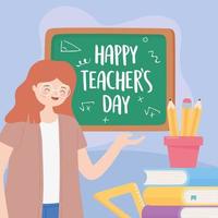 happy teachers day, teacher blackboard pencils in cup books and ruler vector