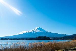 Fuji Mountain with Kawaguchiko Lake and blue sky photo
