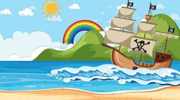 Ocean with Pirate ship at day time scene in cartoon style vector