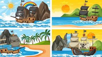 Set of Ocean with Pirate ship at different times scenes  in cartoon style vector