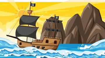 Ocean with Pirate ship at sunset time scene in cartoon style vector