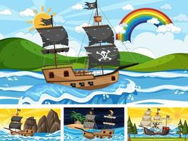 Set of ocean scenes at different times with Pirate ship in cartoon style vector