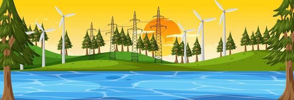 Nature horizontal scene at sunset with many wind turbines vector