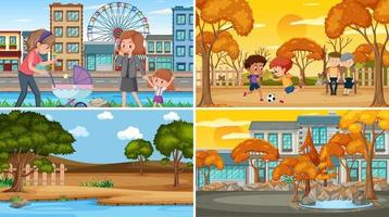 Set of different nature scenes background with people vector