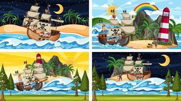 Set of different beach scenes with pirate ship vector