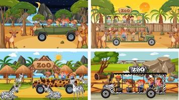 Set of different safari scenes with animals and kids cartoon character vector