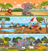 Different panoramic nature landscape set with cartoon character vector