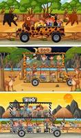 Conjunto de diferentes escenas horizontales de safari con personajes de dibujos animados de animales y niños vector