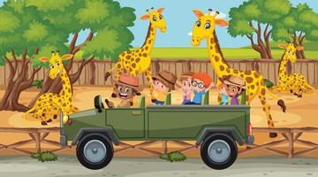 Escena de safari con muchas jirafas y niños en coche turístico. vector