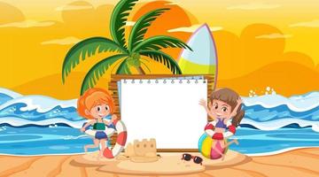 Plantilla de banner vacío con niños de vacaciones en la escena del atardecer en la playa vector