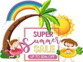 Super Summer Sale banner with kids cartoon isolated vector