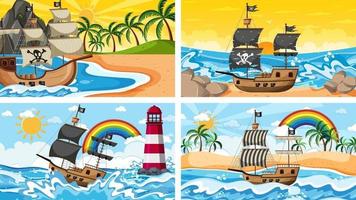 Set of Ocean with Pirate ship at different times scenes  in cartoon style vector