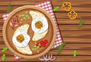 Top view of breakfast meal with bread and fried eggs on top vector
