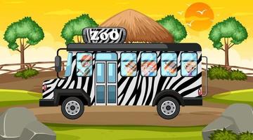 Nature zoo scene with children in the zoo bus vector