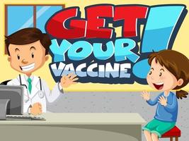 Get Your Vaccine font banner with a girl meets a doctor cartoon character vector