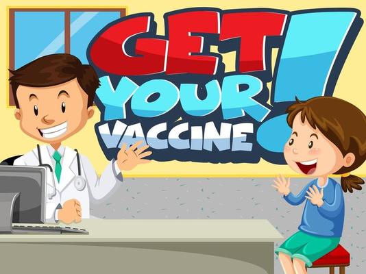 Get Your Vaccine font banner with a girl meets a doctor cartoon character